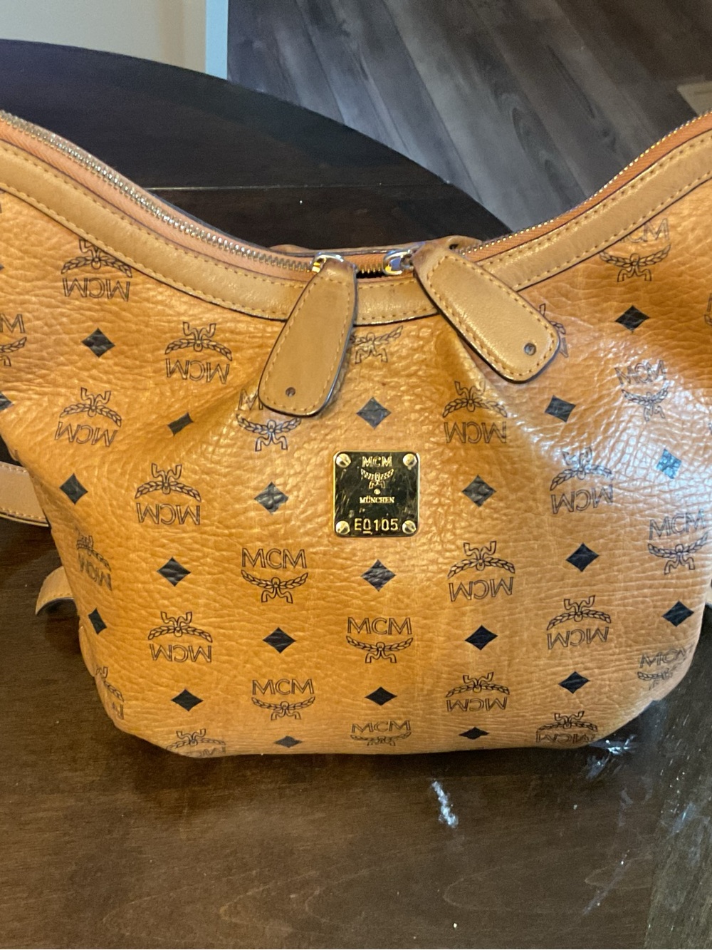 MCM Cognac Visetos Logo Shoulder Bag with Gold Plaque